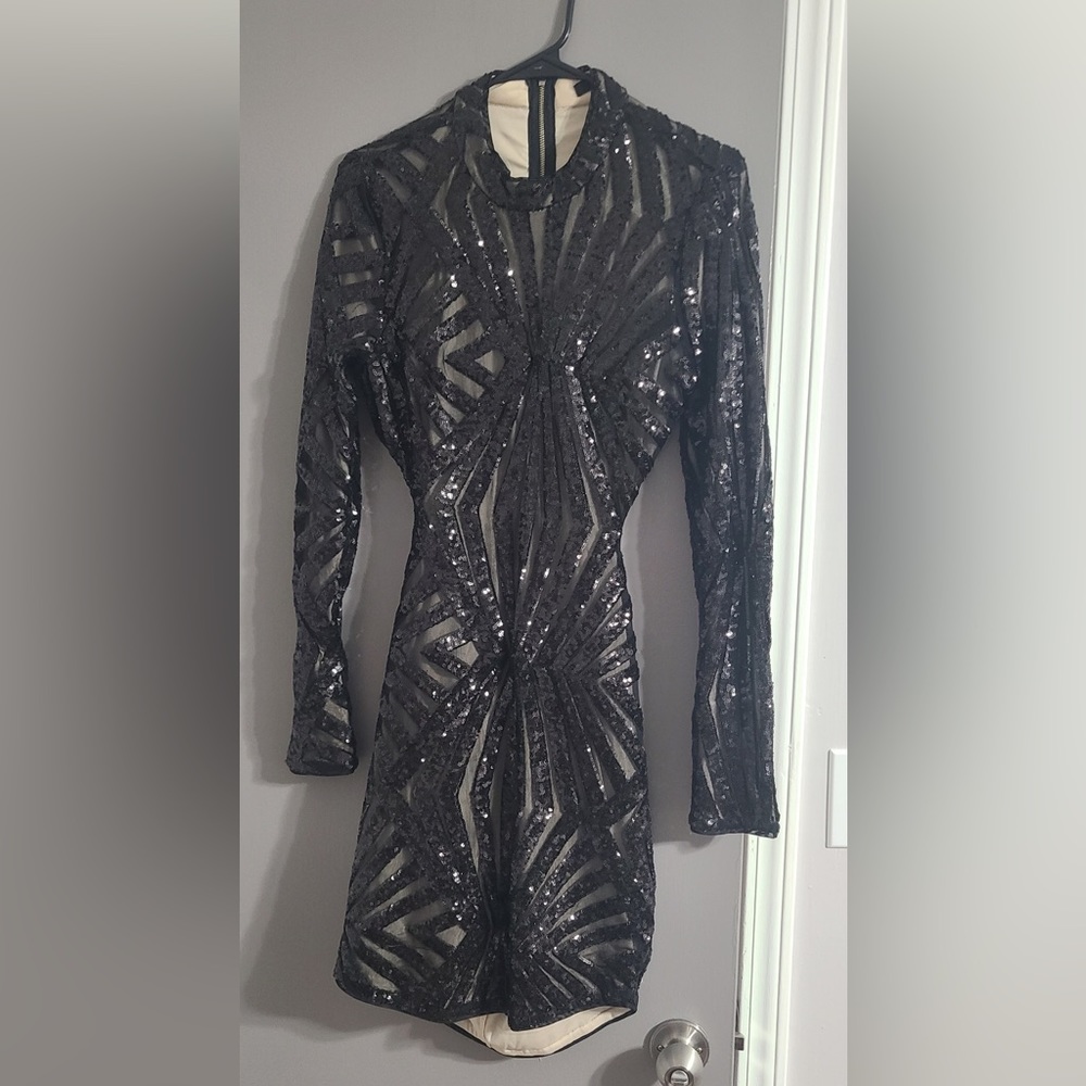 XTaren Black Glitter Long Sleeve Geometric Dress